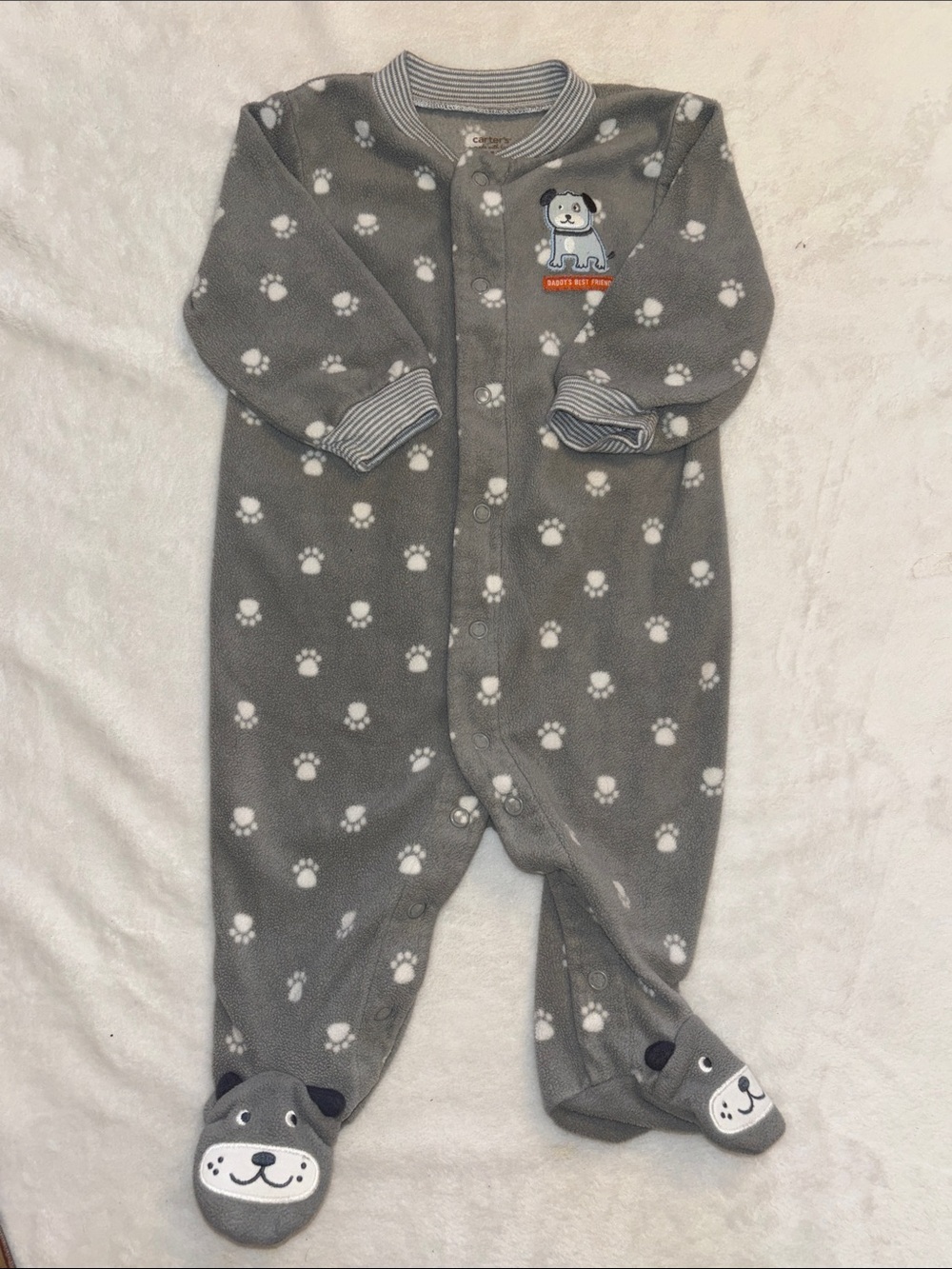 (2 for $10) Carter's Gray Paw-Print Fleece Footed One-Piece sleeper neutral